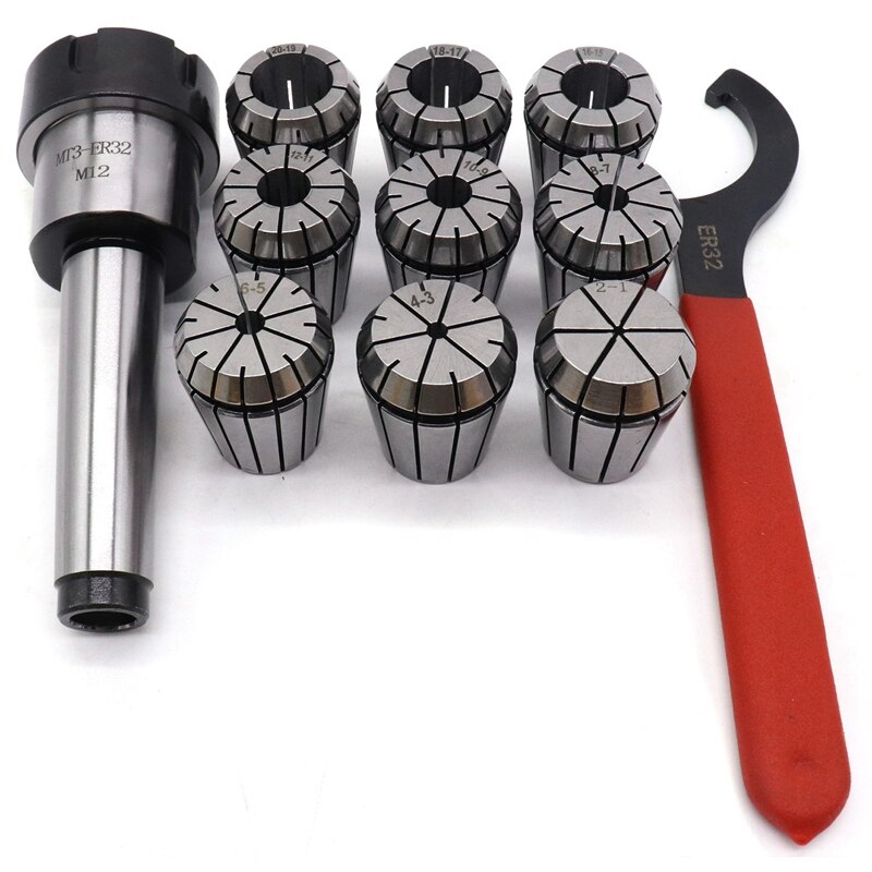 9Pcs Er32 Spring Collets Set 2/4/6/8/10/12/16/18/20Mm + 1Pcs Mt3 M12 Er32 Collet Chuck Morse Taper Holder Collet Power Tool Set