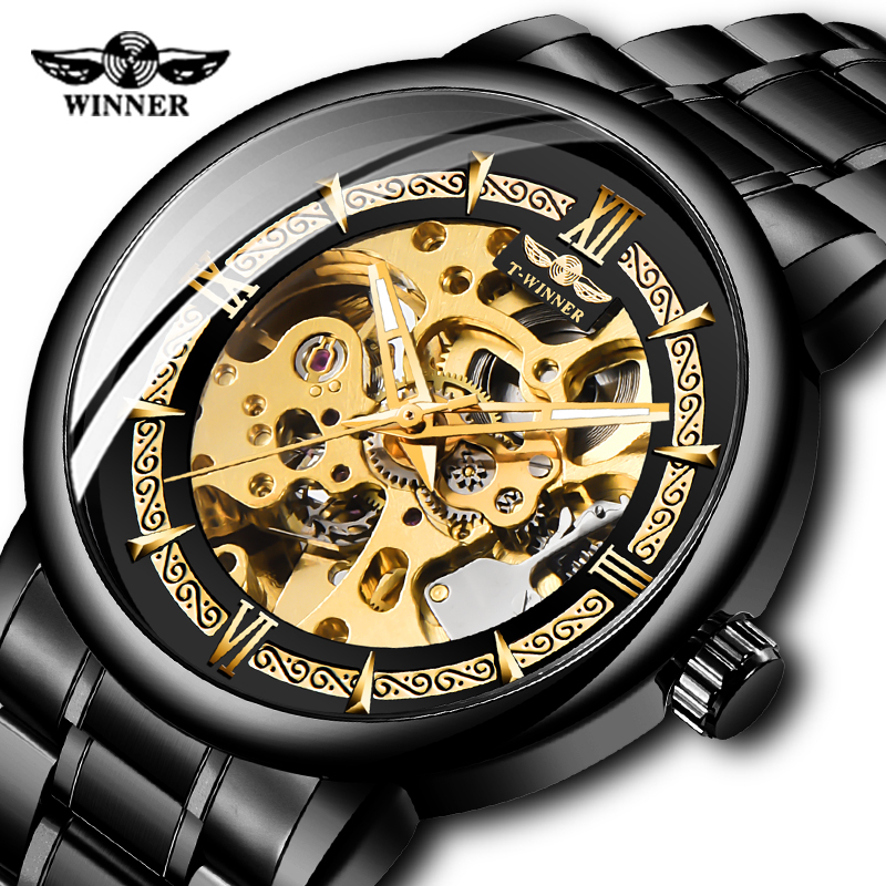 Top Luxe Winnaar Gold Skeleton Mannen Automatische Horloge Volledig Zwart Roestvrij Staal Lichtgevende Handen Horloges