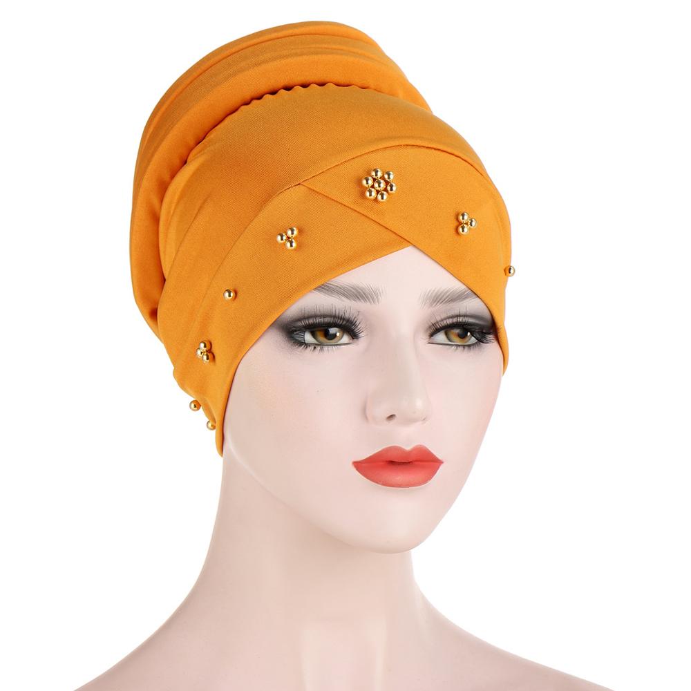 Turbante con cuentas, Turbante elástico musulmán para mujer, gorro interior hiyab cruzado para la frente, gorro árabe para envolver la cabeza, gorros para Hijab: 5