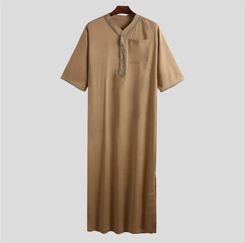2023 Moslim Mode Mannen Lange Gewaad Effen Losse Knop Kimono Mannen Jubba Thobe Saudi Arabische Kaftan Mannen Shirt Abaya Islamitische kleding: L / Goud