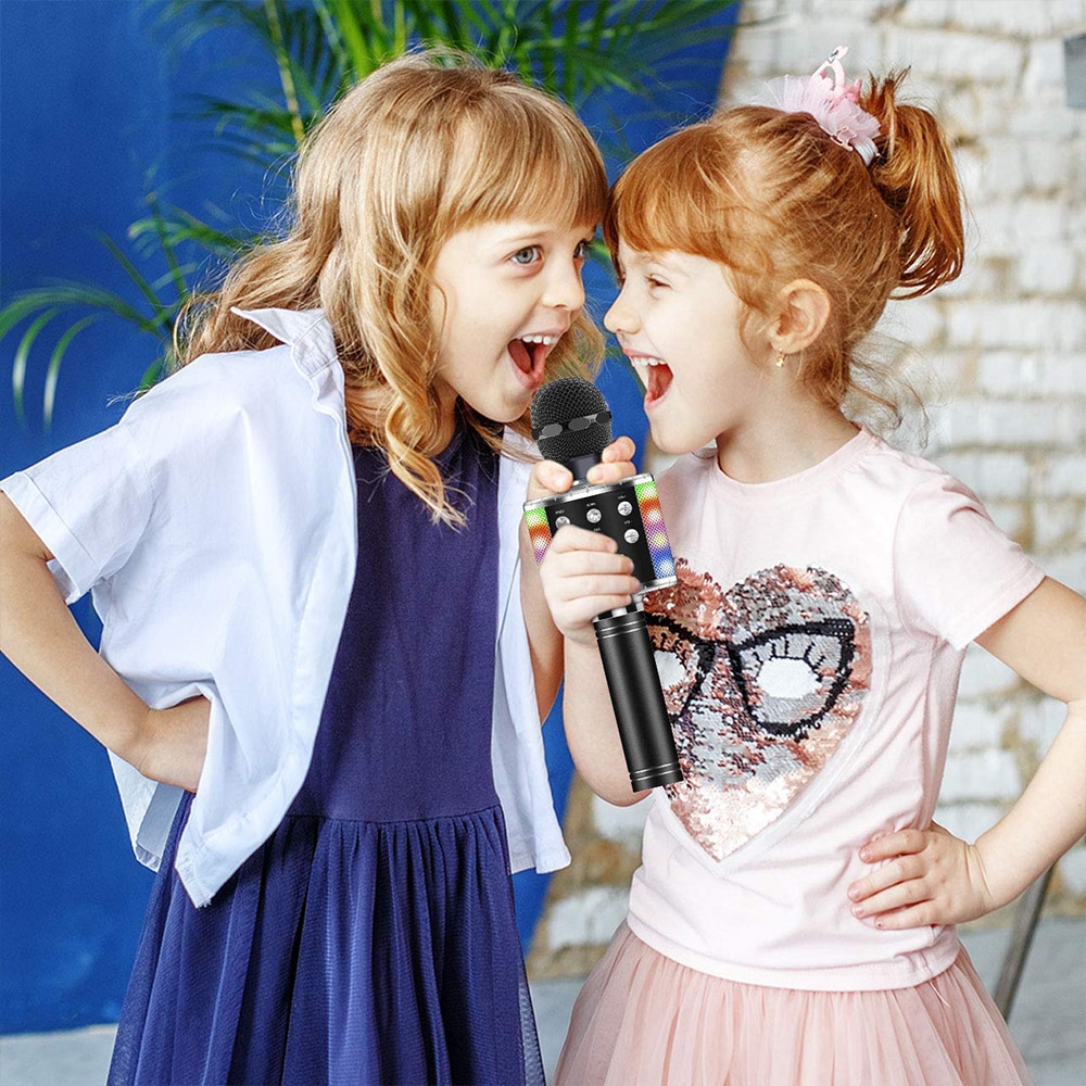 Wireless Karaoke Microphone Bluetooth Handheld Portable Speaker Home KTV Player with Dancing LED Lights Record Function for Kids