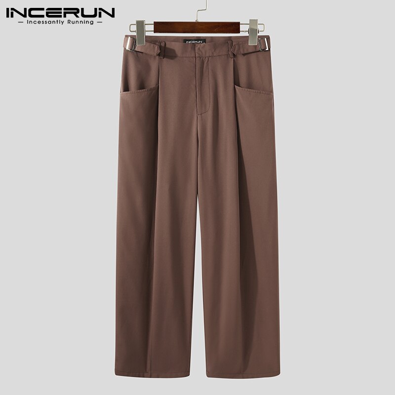 INCERUN Men Leisure Solid Color Pants Spring Casual Straight Trousers Man Loose Zipper Bottoms Korean Style Pantalones 5XL
