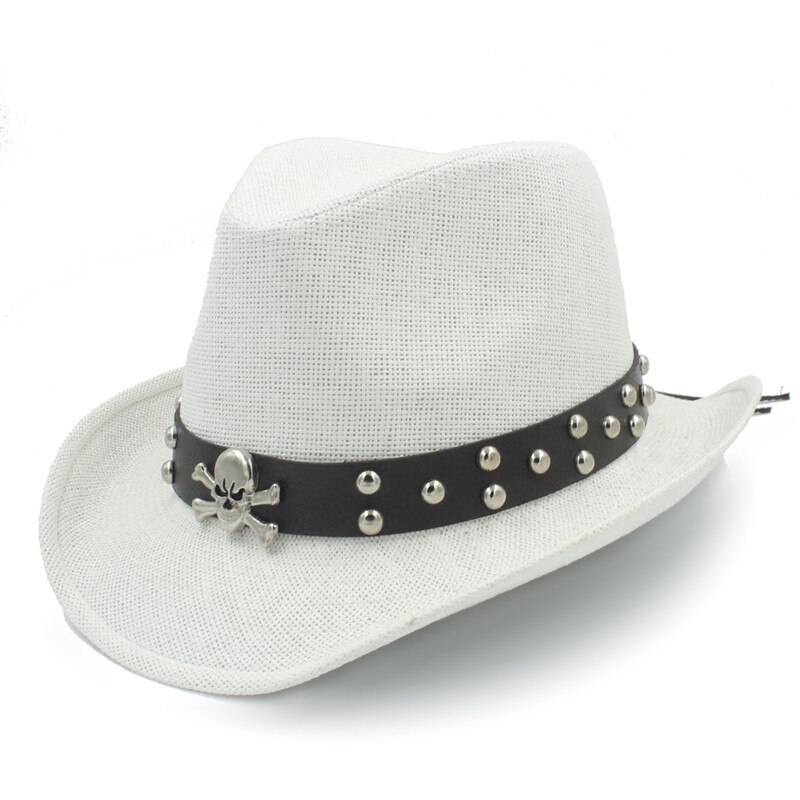 Men Straw Western Cowboy Hat With Roll Up Brim Summer Gentleman Cow Sombrero Cap With Belt: White