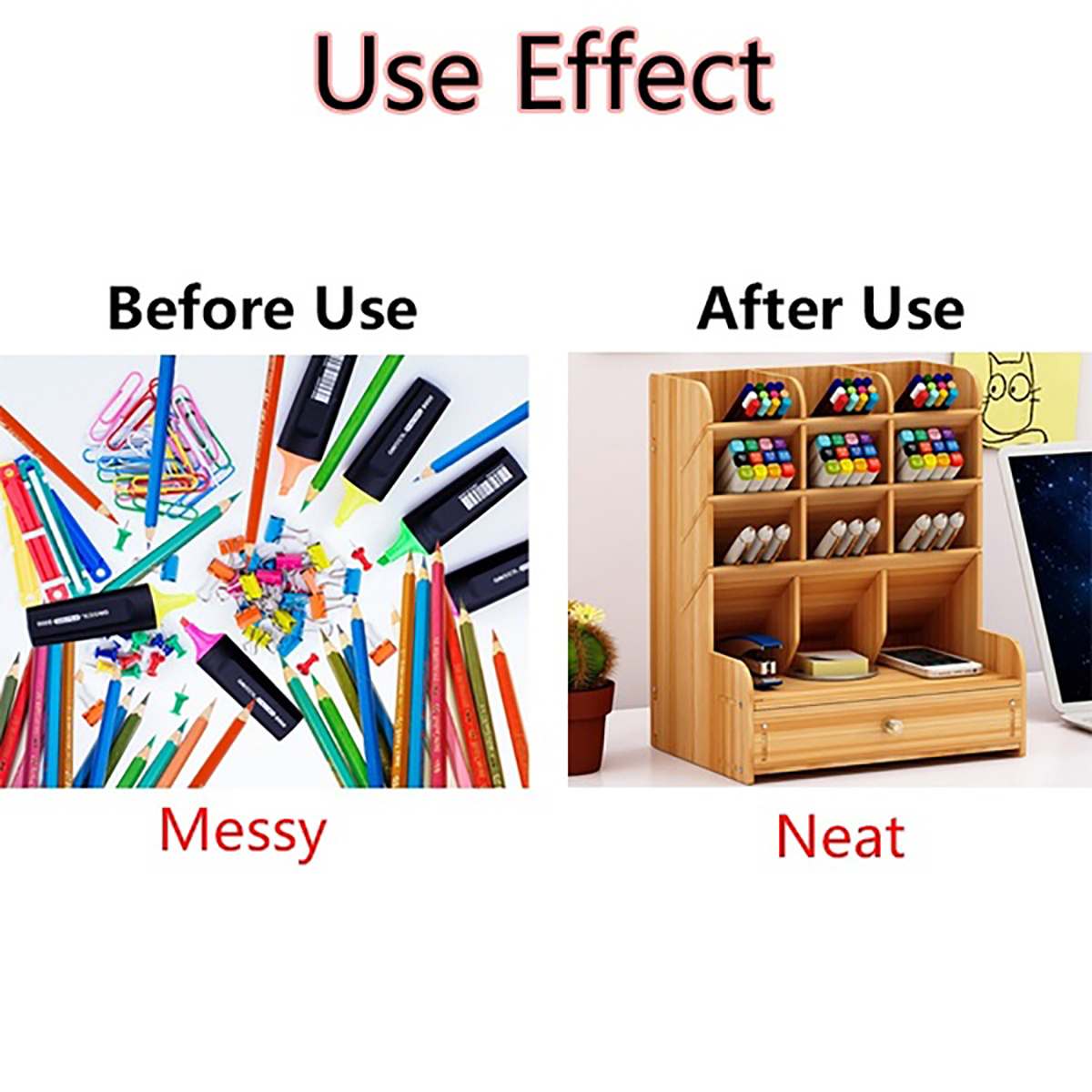 Wooden Multi-function Desktop Pen Holder with drawer Office School Storage Case Desk Pen Pencil Organizer Stationery Storage