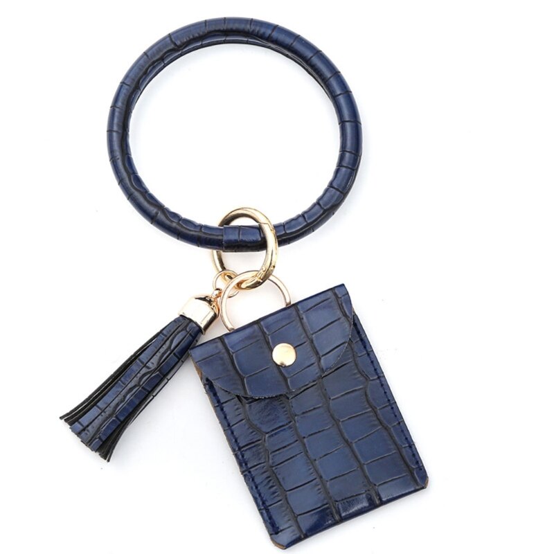 H3CB Sleutelhanger Armband Polsbandje Bangle Key Kaarthouder Grote Ronde Sleutelhanger Lederen Kwastje Voor Vrouwen Meisjes Met Portemonnee: Deep Blue