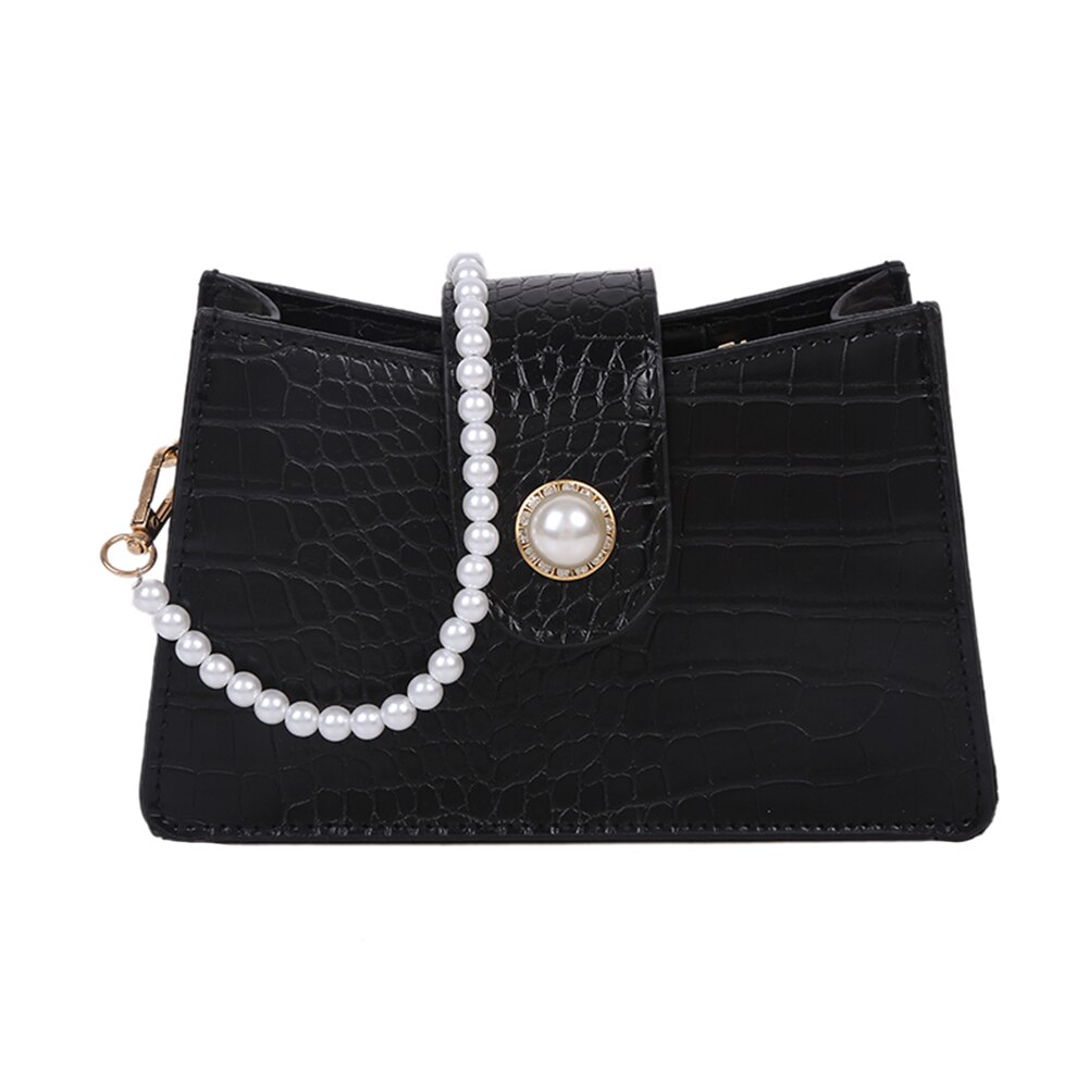 Jugend Damen Einfache Vielseitige Tasche Frauen Einfarbig Handtaschen Dame PU Leder Perle Kette Kleine Schulter Totes Tasche: schwarz