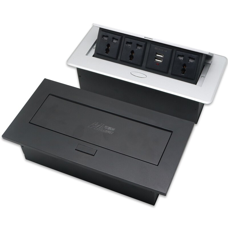 COSWALL Zinc Alloy Plate 16A Slow POP UP 2 Power EU Socket Dual USB Charge Port 2.1A Office Table Desktop Outlet Black Steel Box