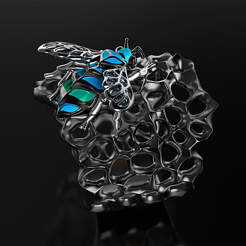 Colar criativo azul abelha favo de mel anéis para homens vintage punk inseto jóias hip hop hyperbole anel masculino boho dedo bandas casamento