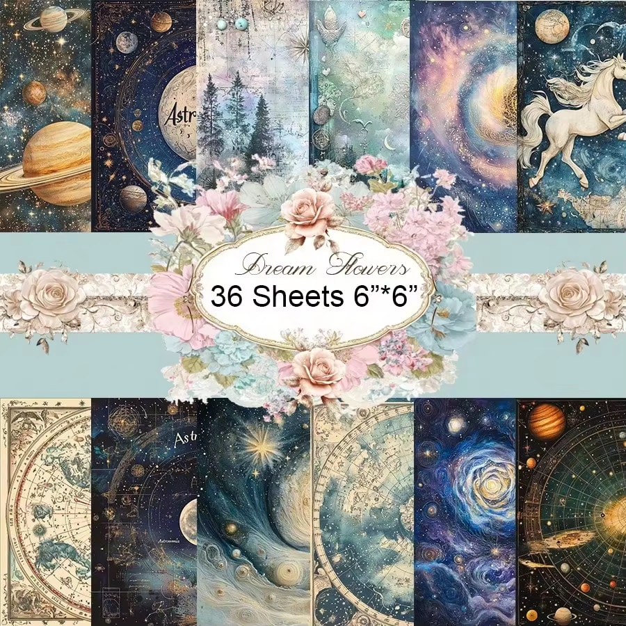 36 Sheets Starry Sky Scrapbook Paper Pack, Stationery Vintage Art Craft Pattern Scrapbooking Paper For Junk Journal Planner Card: Silver