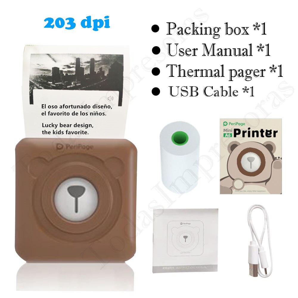 PeriPage Red Ink-free Portable Thermal Photo Printer Mini Label Printer Mobile Android iOS Phone 2&#39;&#39; Pocket Bluetooth A6 Papeles: A6 203 Brown
