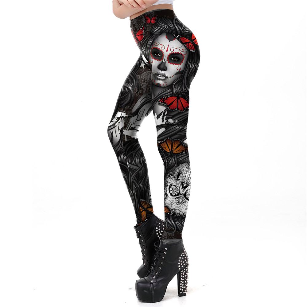 [Je Mijn Secret] Fitness Legging Horror Schedel Gedrukt Leggings Voor Vrouwen Rose Sterkte Broek Halloween party Wear: S / KDK1968