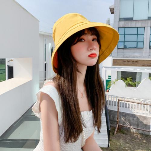 Women Solid Color Bowknot Wide Brim UV Protection Summer Sun Hat Bucket Cap: YELLOW