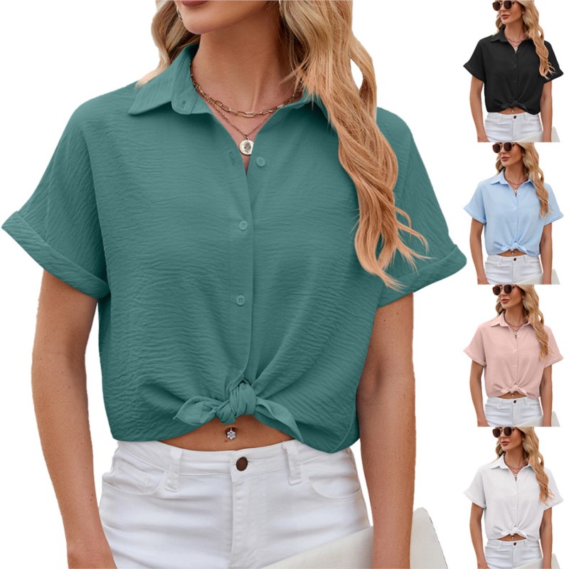 
Summer Women camisas Casual Office Loose Shirt Short Sleeve Lapel Button Down Shirt Solid Color camisas de mujer﻿