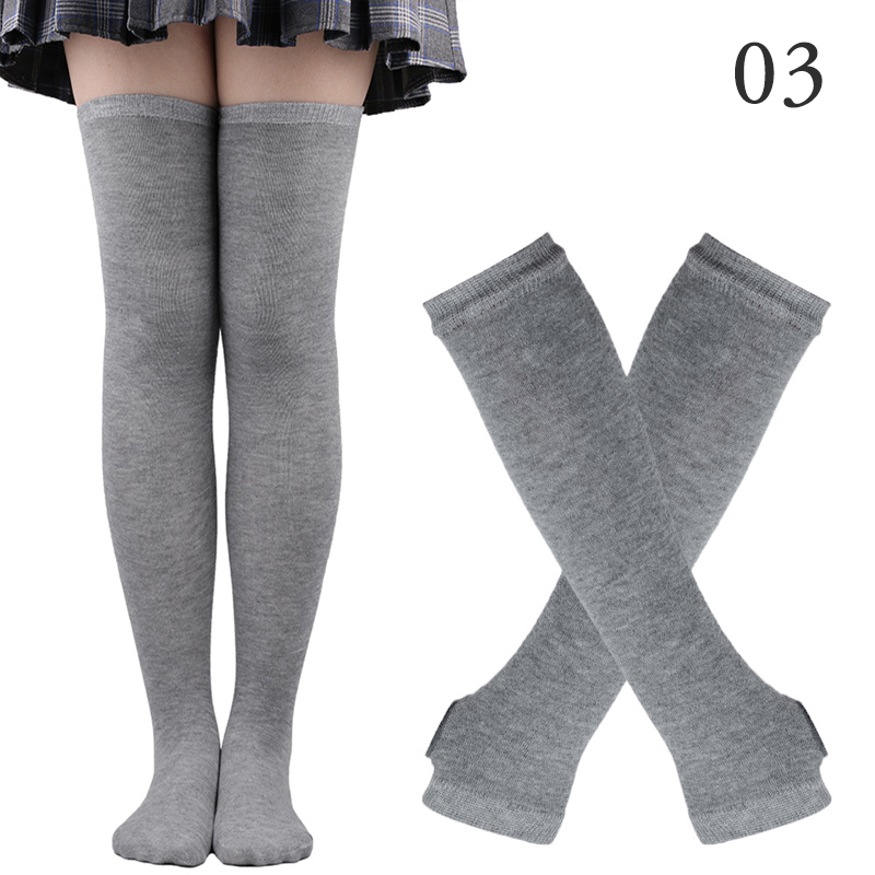 1 Set Vrouwen Meisjes Over De Knie Lange Streep Gedrukt Overknee Katoenen Sokken Arm Mouw Handschoenen Zoete Leuke Plus Size overknee Sokken: 03