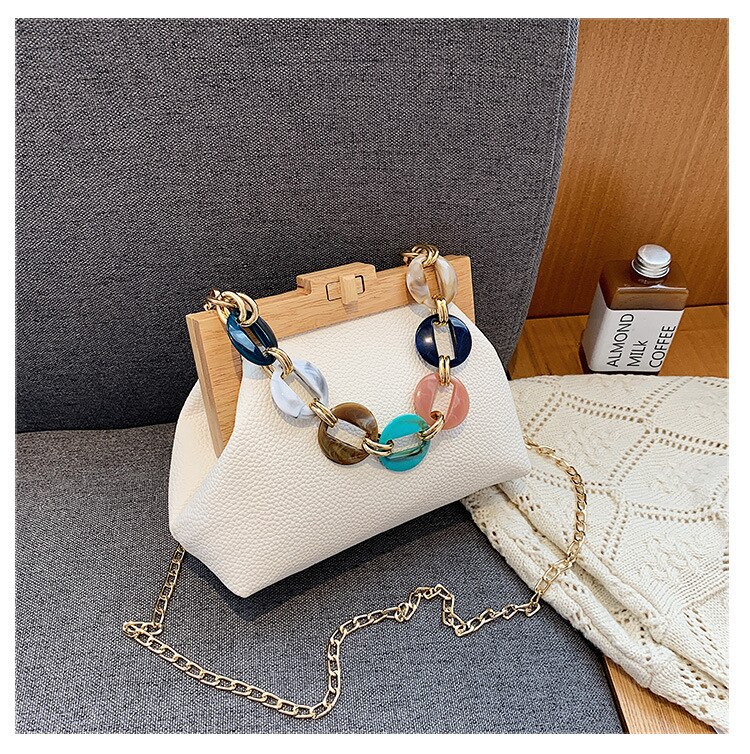 Bolso de hombro con Clip de madera para mujer, bandolera pequeña de cuero mate de lujo con cadena acrílica: white