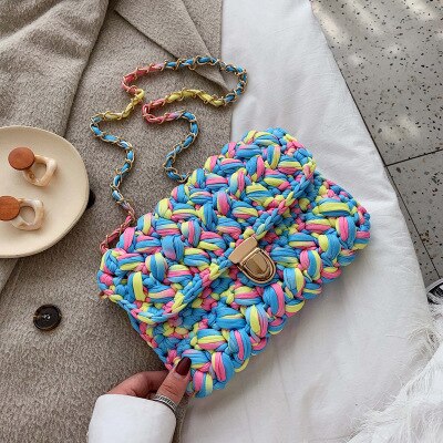 Mode Katoen Geweven Vrouwen Schoudertas Gehaakte Hand Geweven Vrouwen Messenger Bag Keten Vrouwen Tassen Dames Handtassen vrouwelijke Clutch: yellow blue