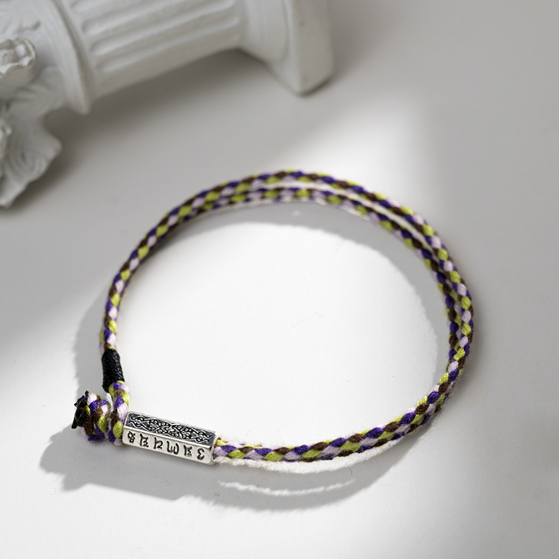 Handmade Tibetan Buddhist Braided Cotton Thread Lucky Knots Bracelets Silver Bead Carved Mantra Amulet Woven Bracelet For Men: 1 / 22cm