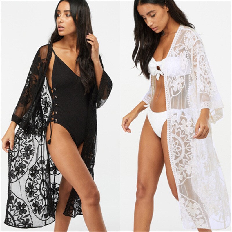 Vestido playero de encaje para mujer, Pareo playero, Túnica de Pareo para Playa, Kimono, traje de baño de encaje para mujer # Q767
