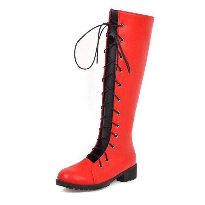 REAVE CAT Knee High Boots for Women Round Toe Square Heel Lace-up Patchwork Cross-Tied Platform Big Size 40-43 Black Red: Red / 34