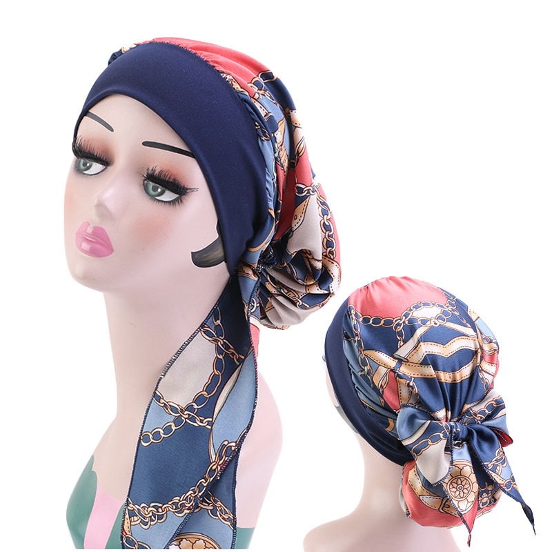 Women Chiffon Muslim Hijab Caps Flower Print Turban Bonnet Islamic Ladies Head Scarf Wrap Under Hijab Caps Turbante