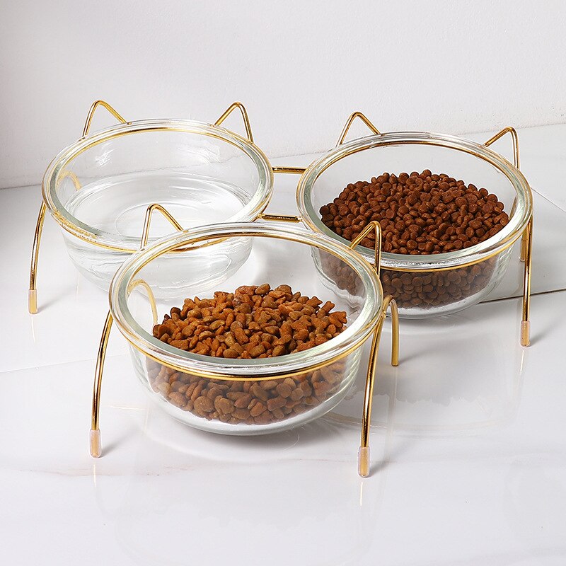 Glazen voerbak voor hond en kat, voerbak voor puppy's met ijzeren frame, waterbak, voerbak voor huisdieren