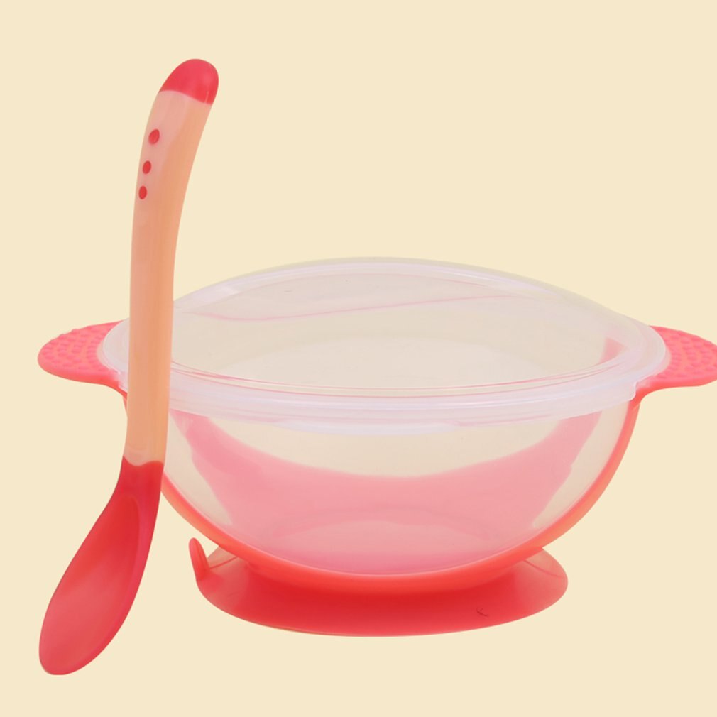 Temperature Sensing Feeding Spoon Child Tableware Food Bowl Learning Dishes Service Plate/Tray Baby Dinnerware Set: Pink