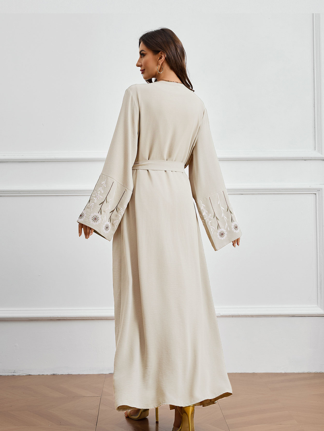 2025 Abaya vestido largo musulmán Ramadán ropa de oración bordado albaricoque suelto manga larga cintura atada vestido árabe