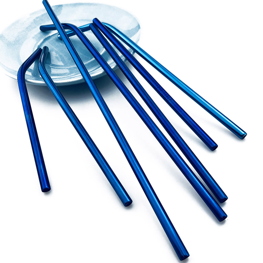 Jankng 2 stuks kleurrijke blauwe rietjes 304 roestvrijstalen rietjes 16/19/21/23/26cm drinkrietjes herbruikbare gebogen metalen rietjes met borstel