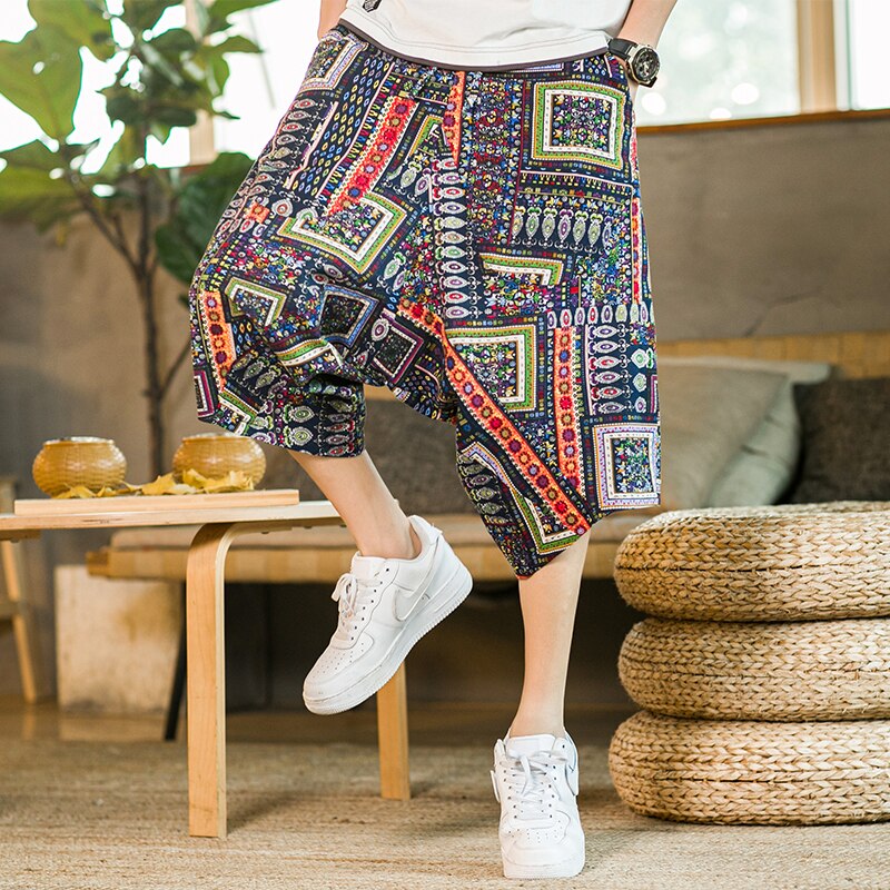 Pantalones casuales de estilo chino para hombre, pantalones bombachos holgados grandes, Capri de algodón estilo oriental, étnico, con estampado Floral, anchos