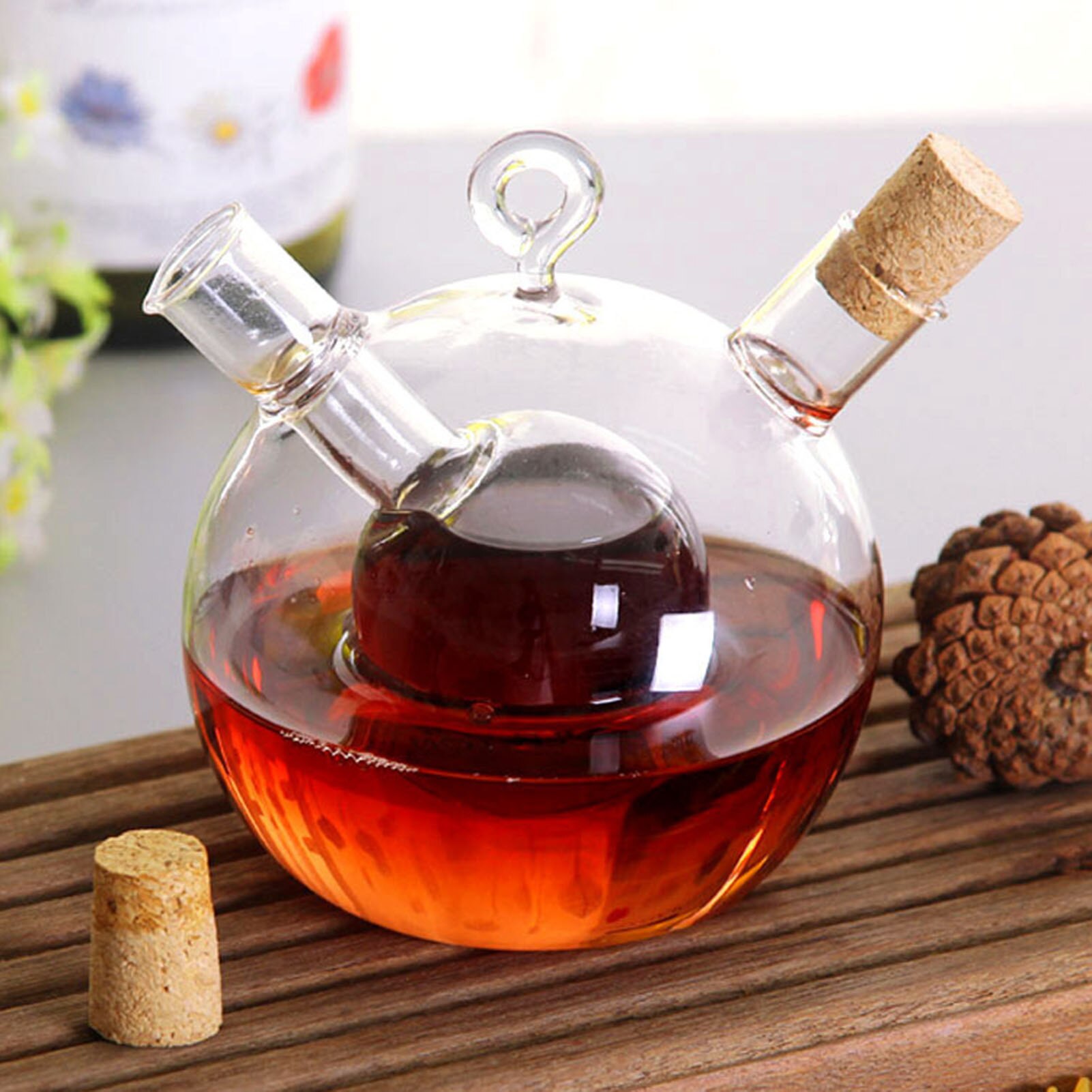 Anti-leak Oil Pot Glass Condiment Bottle Cruet Bottles Double Pourer Spout Stoppers for Cooking