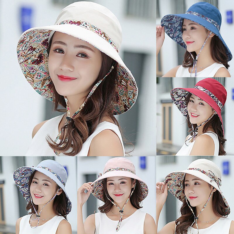 Female Flower Print Double-sided Cotton Linen Sun Hat Women Big Wide Brim Anti-UV Foldable Beach Hats Lady's Bucket Hat