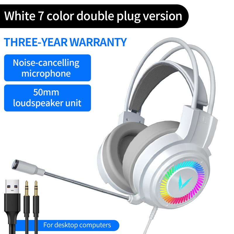 G60 3.5MM słuchawki dla graczy 7.1 dźwięk przestrzenny Stereo Gamer słuchawki przewodowe z oryginalnym mikrofonem światło RGB na PC Laptop: white