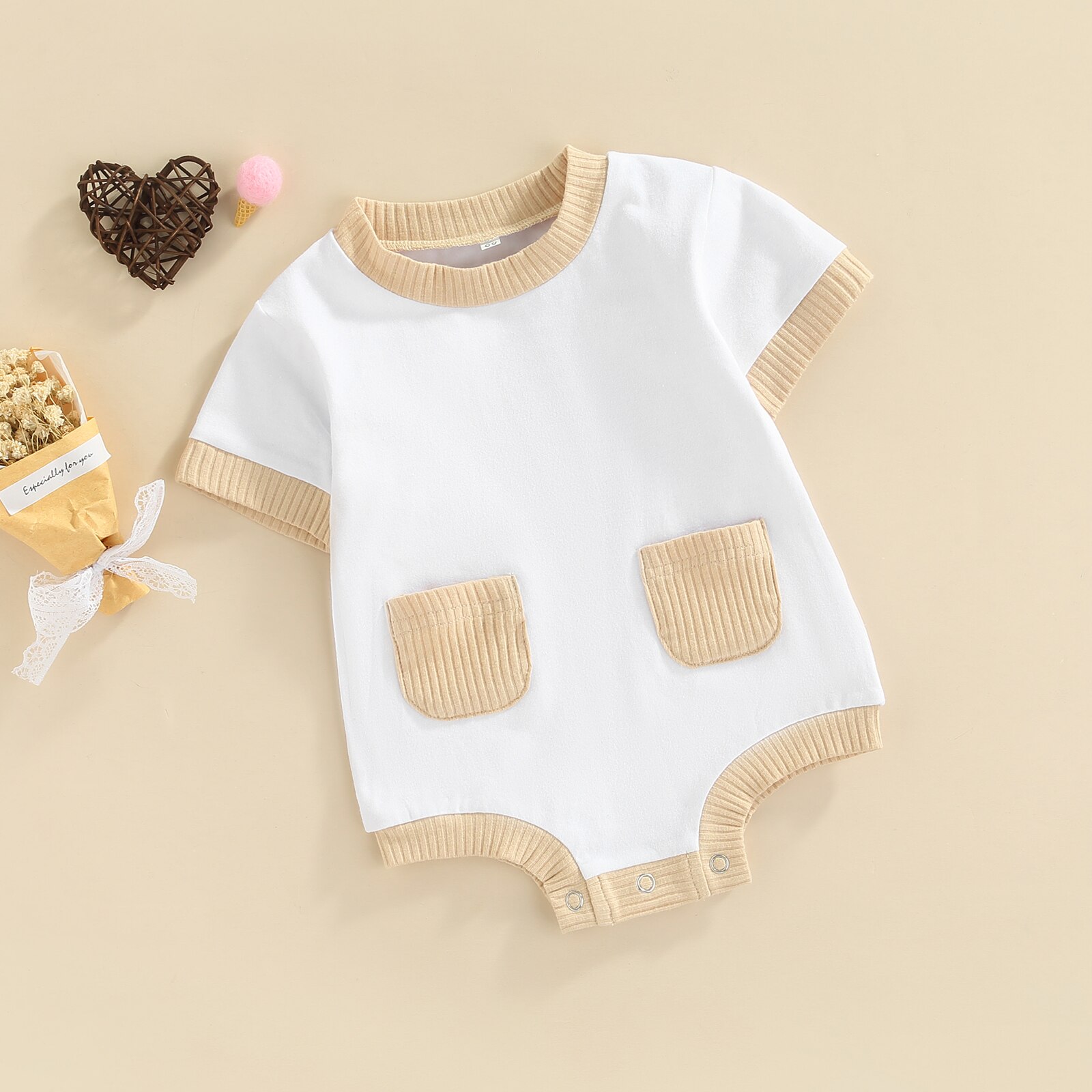 Mono de manga corta con cuello redondo y bolsillos de punto para bebé, pelele informal de 0 a 12 meses, 2022