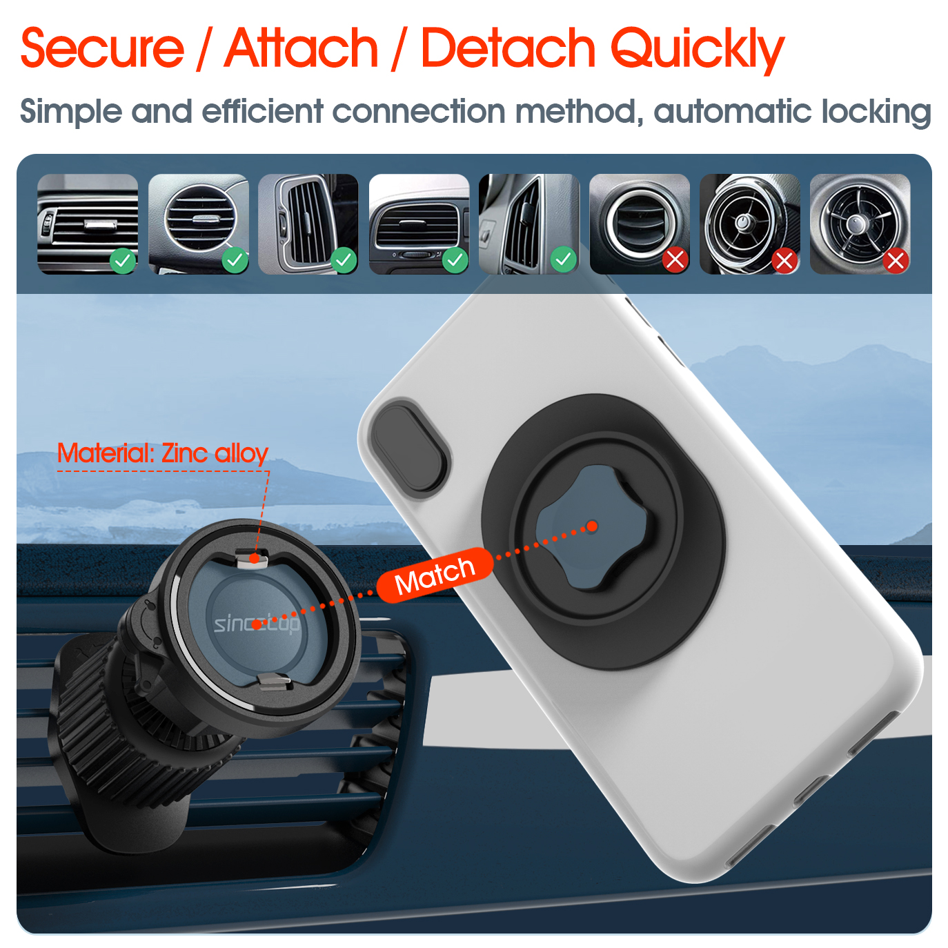 Car Vent Phone Mount with Lock Hook, Air Vent Car Phone Holder, One Hand Quick Mount & Release Cell Phone Holder Mount