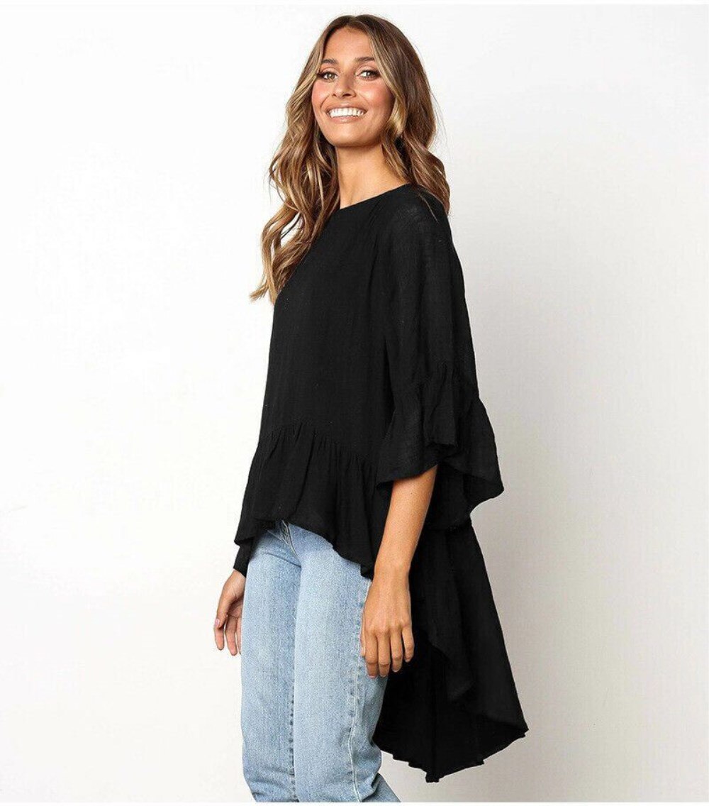 Goopom-chemisier manches longues style Boho | Blouse surdimensionnée femme irrégulière, pull-over, Baggy ample, haut,, chemisiers: Black / M