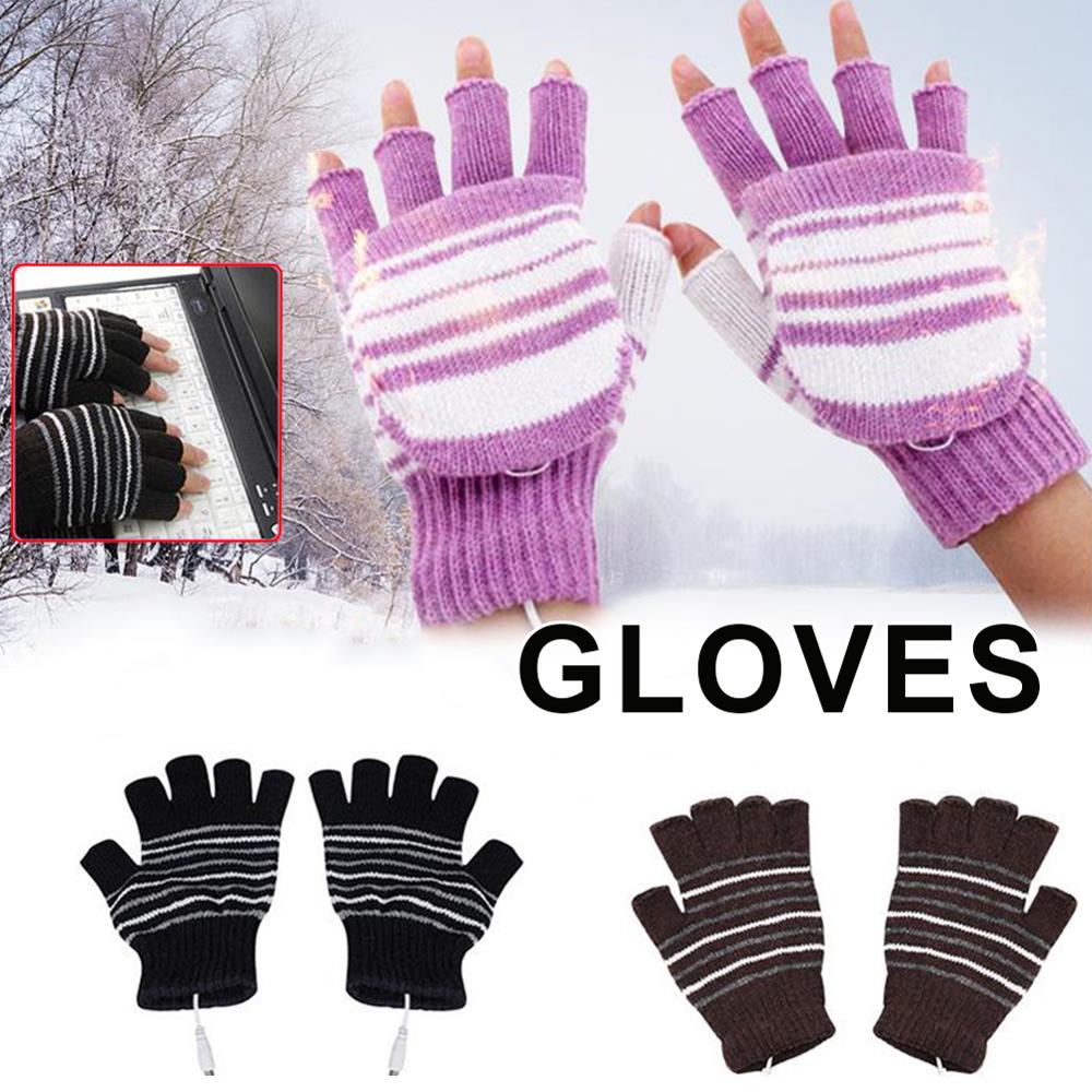 Vinter stickade handskar usb uppvärmda halvfinger handskar tvättbara fingerfria