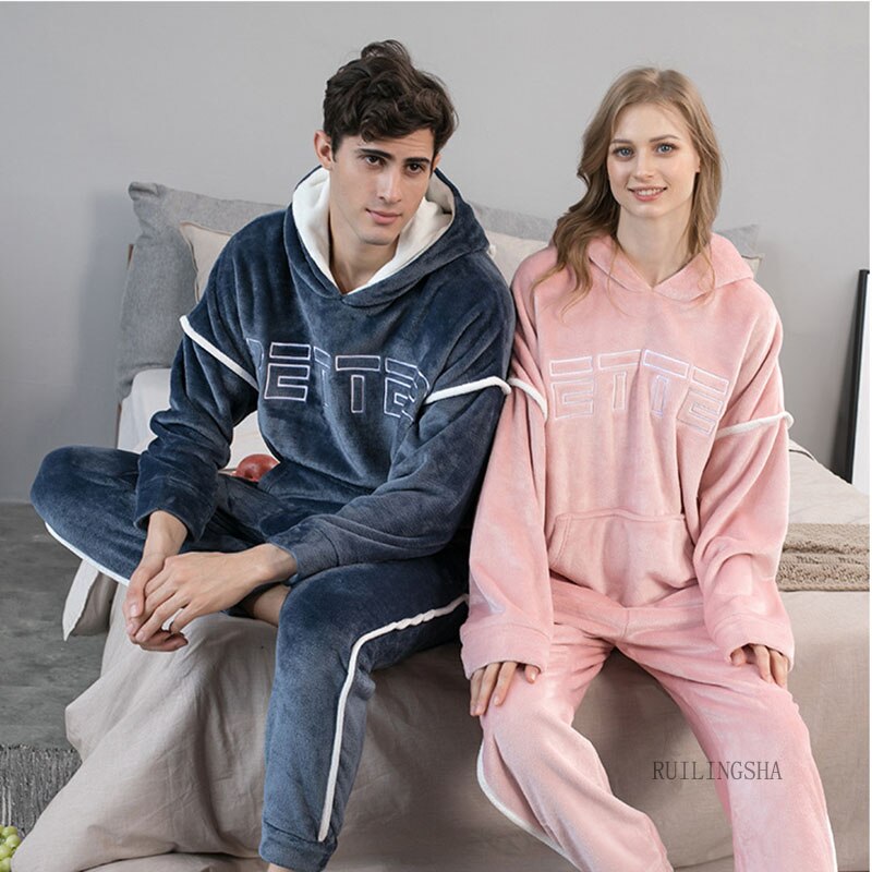 Pijama de franela con capucha para hombre, conjunto de 2 unids/set/conjunto de ropa de dormir gruesa y cálida para parejas, trajes informales sueltos para el hogar