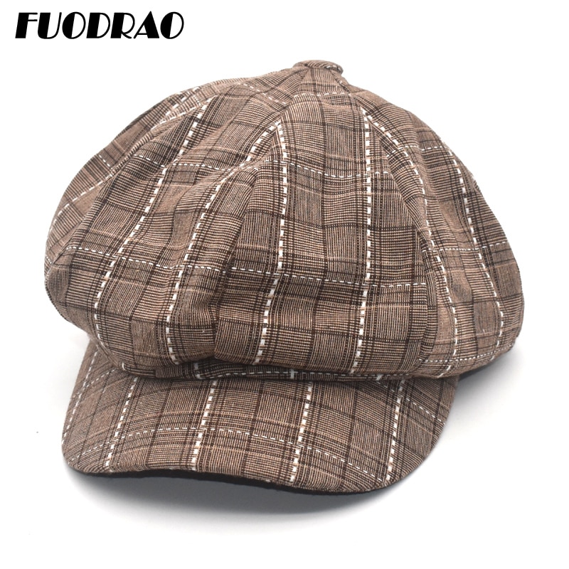 Fuodrao ottekantede hatte kvinder koreanske afslappet plaid baret hat vintage hatte gorras maler hat newboy caps  c7