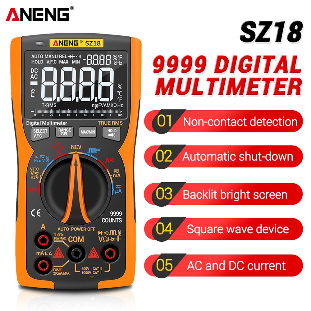 Digital multimeter ac / dc spænding strømmåler frekvens kapacitans temperatur tester 9999 tæller lcd display skærm aneng  sz18