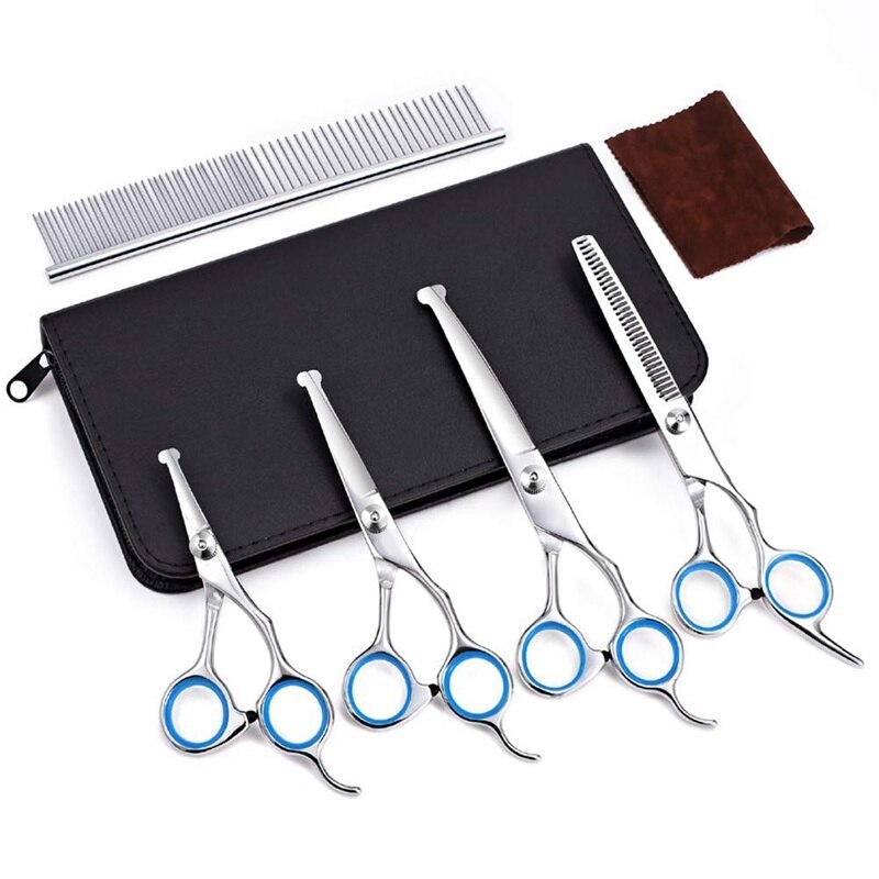 Set de tijeras de peluquería canina de acero inoxidable tijeras redondas de seguridad para gatos y animales: Azul