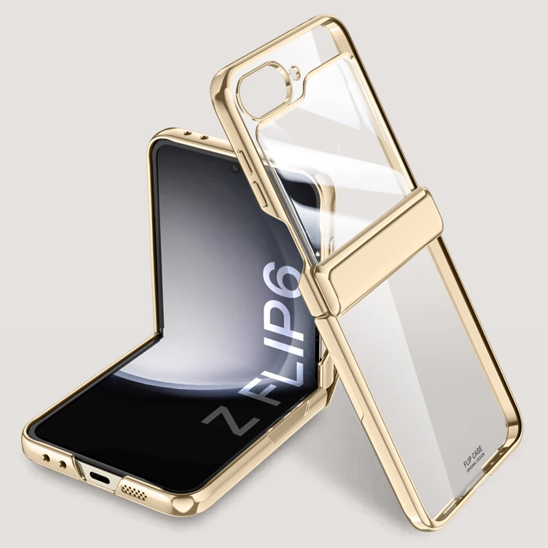 Bisagra plegable transparente galvanizada para Samsung Galaxy Z Flip 6, funda con película de espejo, cubierta dura todo incluido a prueba de golpes: Negro