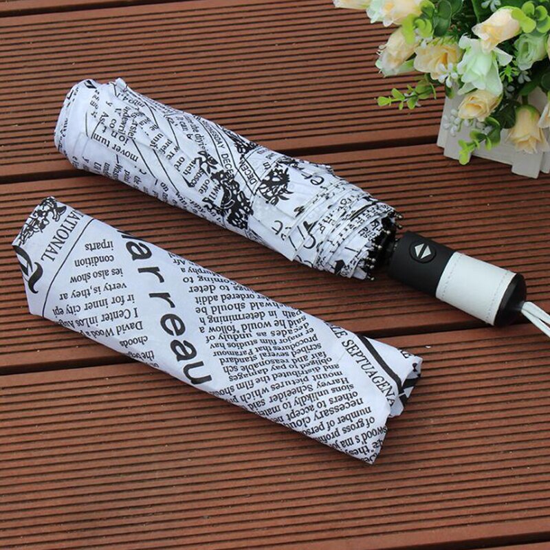 Fully Automatic Upscale Three-Folding Retro Style Printing Umbrella Black and White Newspaper Printing Sunscreen Folding Umbrell: Style 3-Auto