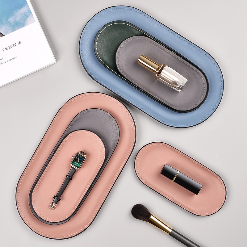 Edelstahl Leder Oval Ablage Dressing Tisch machen-hoch Schmuck Tablett Schreibtisch Organisieren Snack Lager Kasten