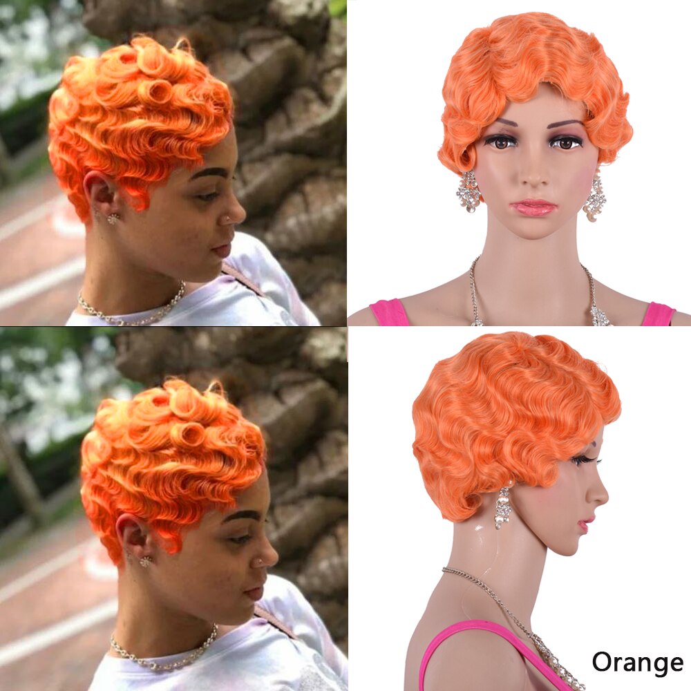 Korte Rode Vinger Wave Pruik Bruin Blonde Krullend Synthetische Pruiken Voor Zwarte Vrouwen Hittebestendige Afro-amerikaanse Pixie Cut Mama pruik: Oranje