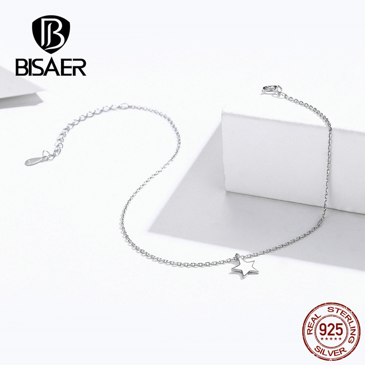 Anklets BISAER 925 Sterling Silver Star Shape Simple Chain Women Anklets Sterling Silver Jewelry ECT009