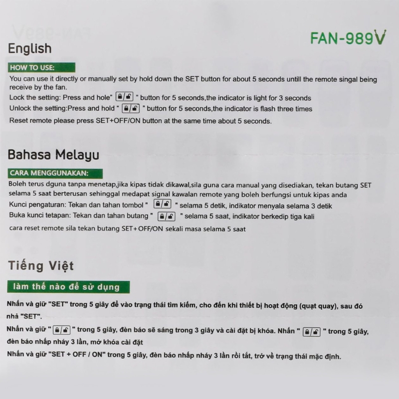 FAN-989V Replacement Fan Remote Control Controller Universal Without Voice