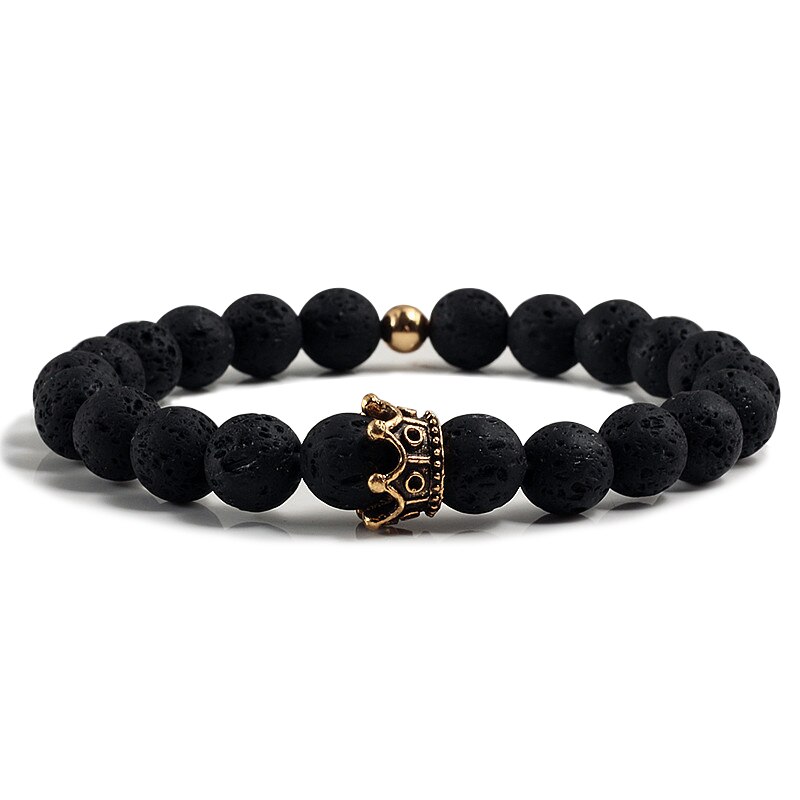 Heiße Neue Charme Krone Männer Armreifen Natürliche Stein Weiß Porzellan Perlen Armbänder Hand Zubehör Für Frauen Elastische Seil Hand Kette: vulkanisch Stein2