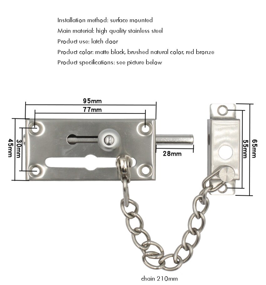 Stainless Steel Chain Door Guard Slide Bolt Latch Safety Door Lock with Anti-Theft Chain, Spring Lock, Black, Silver, Red Bronze