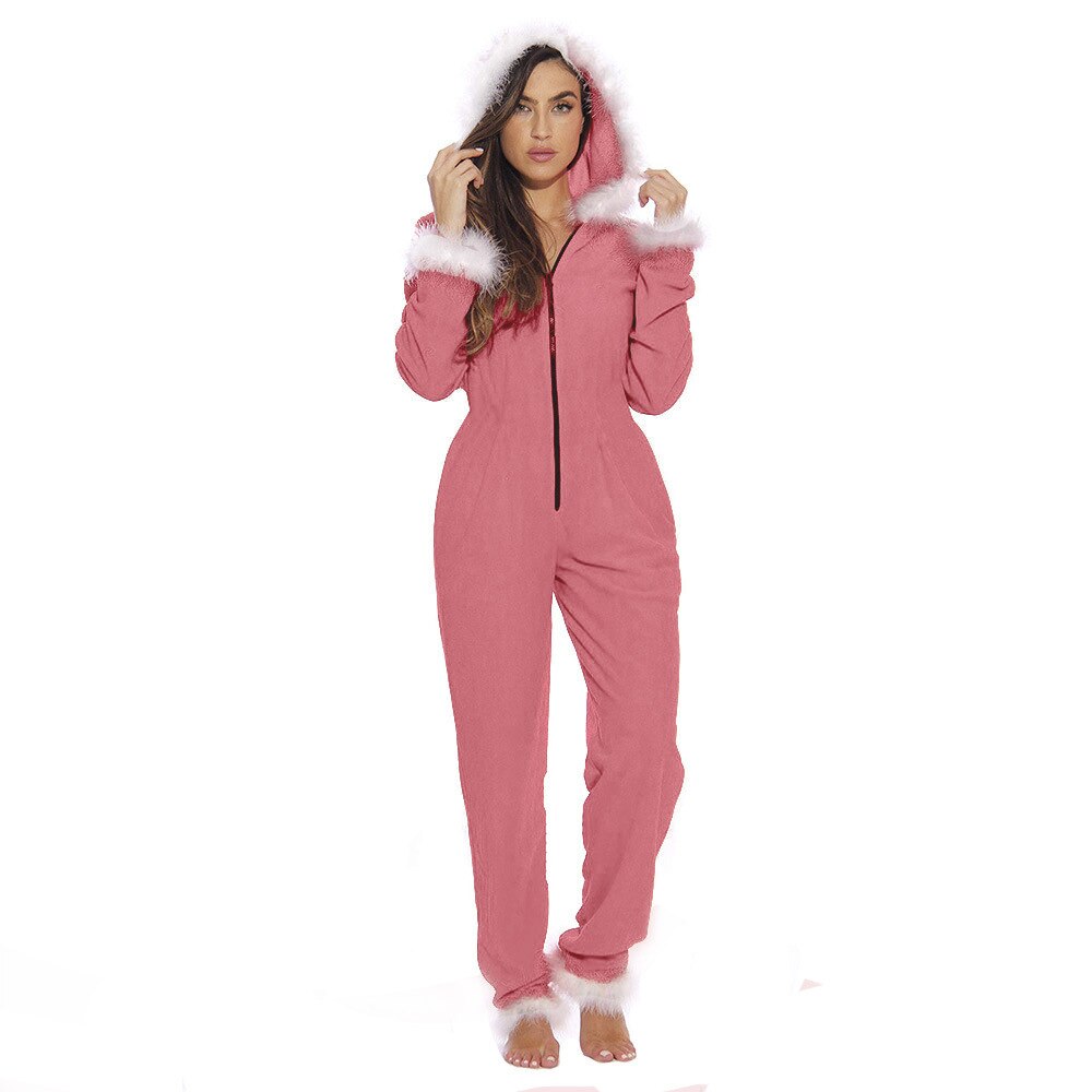 Echoine Women Pajamas Sets Autumn Winter Fur Wool Christmas jester hat Thick Warm Zipper Women Sleepwear Flannel Overalls: women Sleepwear / M