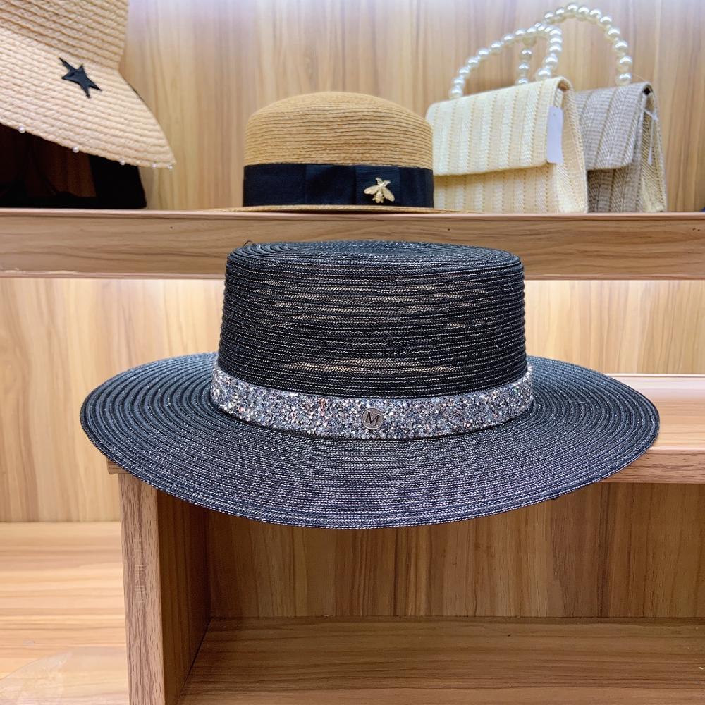 Klassieke Vrouwen Zon Hoeden Opvouwbare Ademend Wit Zwart Kerk Hoed Voor Dames Rhinestone Band Zomer Hoed Platte Schipper Strand Hoed: Black